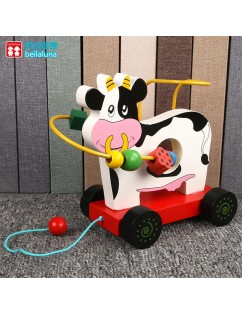 Wooden animal trailer for children threading around beads early education puzzle enlightenment beads parent-child interactive toy cow around the bead car