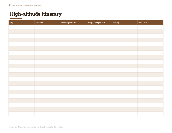 Preview of Printable Acclimatisation Planner